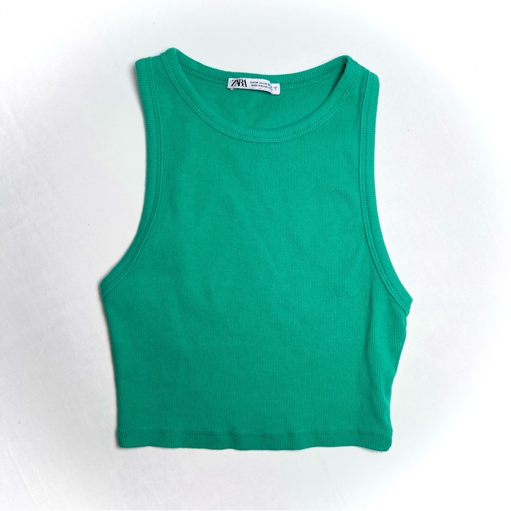 Zara Green Ribbed Crew Neck Sleeveless Tank Crop Top Fitted